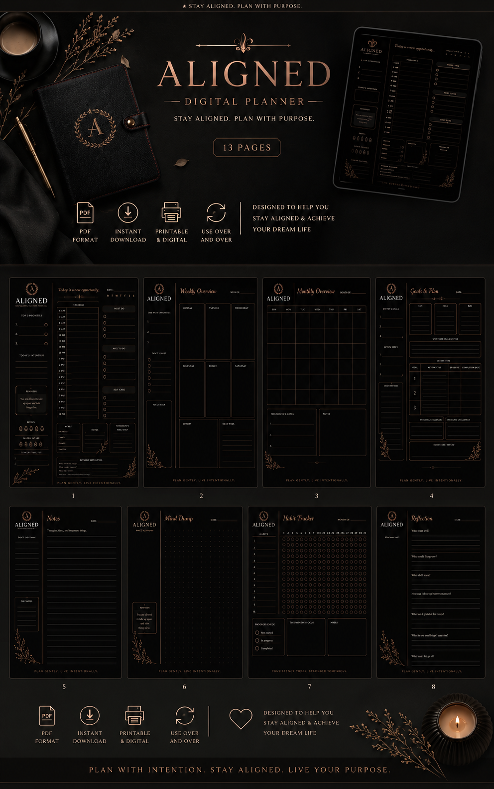 Aligned Minimalist Digital Planner Bundle | Black & White Editions