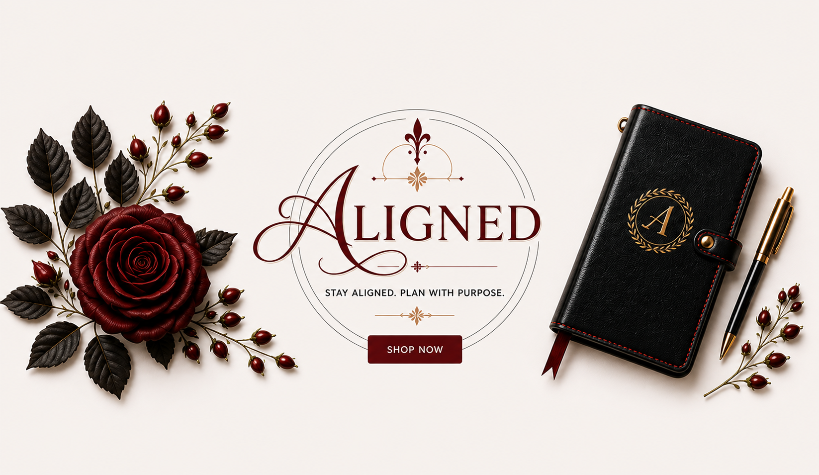 Black notebook with gold pen and decorative elements on a white background, featuring the brand 'Aligned'.